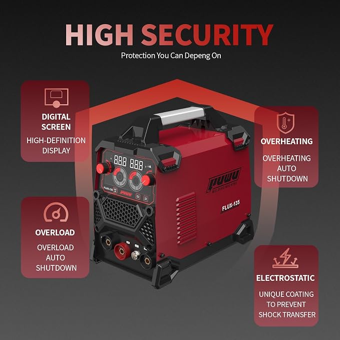 135Amp 110V MIG Welder,Flux Core MIG/Lift TIG/Stick 3-in-1 Multiprocess Welder,IGBT Inverter Large LED Digital Display Welding Machine(RED)