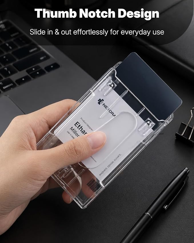 Pawfly 2 Pack Vertical 2-Card Badge Holders for Office School IDs | Rigid transparent PC case holds 2 cards vertically thumb slot allows easy card removal for office, school and access IDs