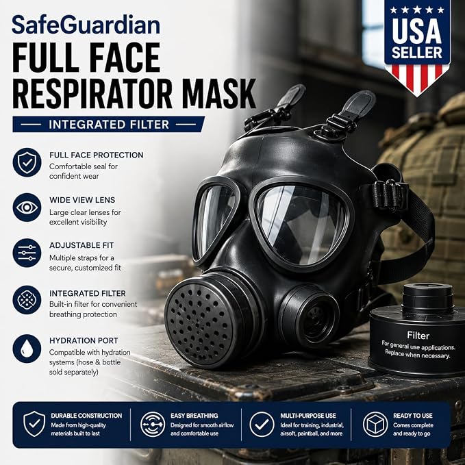Full Face Respirator Mask with 40mm Filter – Anti-Fog Panoramic Lens, Soft Silicone Seal, Adjustable 5-Point Head Harness, Hydration Port Compatible, Full Face Protective Mask