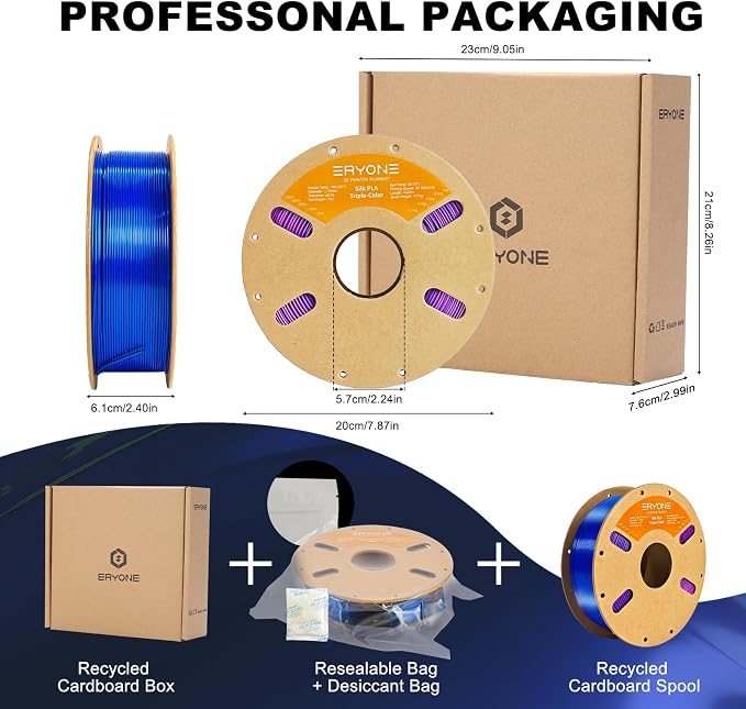 ERYONE Silk Tri Color PLA Filament 3D Printer 1.75mm +/- 0.03mm, Multicolor Filament Tricolor PLA 1KG(2.2lbs) Cardboard Spool, Blue Purple Black