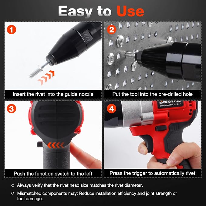 Cordless Rivet Gun Electric Compatible with Milwaukee 18V Battery(Only Tool), Brushless Pop Rivet Gun Kit for Stainless Steel & Aluminum Rivets 1/8'', 5/32'', 3/16", Blind Riveter Tool