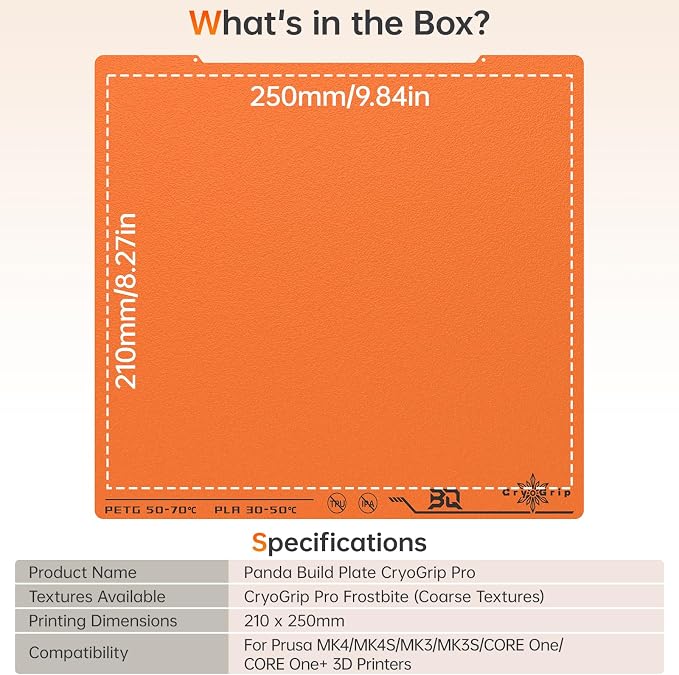 BIQU CryogripPro Frostbite Matte Orange Cold Build Plate for Prusa MK4/MK4S/MK3/MK3S/CORE One/CORE One+ 3D Printers 254.5x241.5MM Double-Sided Upgrade Room Temperature Print Removable Surface Platform