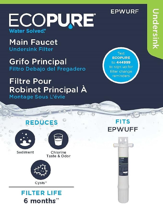 EcoPure EPWURF Main Faucet Replacement Filter – Fits EPWUFF System – NSF-Certified – Reduces Chlorine, Odor & Sediment – 6-Month Life – Quick, Mess-Free Changes