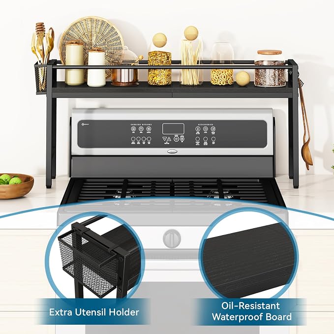 YMYNY 32.5" Spice Rack Over Stove Kitchen Organizer Black UHSR008B | With 4 hooks & side basket, this shelf adds extra countertop storage for spices, utensils, oil bottles and kitchen essentials