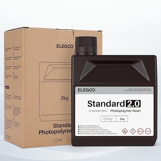 ELEGOO Upgraded Standard Resin 2.0, 405nm LCD Rapid UV-Curing 3D Printer Resin, Higher Precision, Lower Shrinkage, Non Toxic 3D Photopolymer Resin for LCD/MSLA/DLP 3D Printing, Grey 2000G