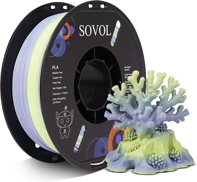 Sovol 3D Printer Matte Multicolored Fast Change Rainbow PLA 1kg (2.2 lbs) Spool 3D Printing Materials, Dimensional Accuracy +/- 0.03 mm, 1.75 mm, Matte Sea Salt