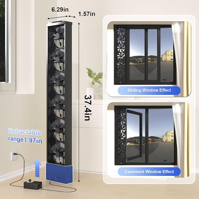 Vertical Window Fan for Sliding Windows (Black, 90~95cm/35.4~37.4in) | No Drilling Required Installation, Adjustable Wind Speed, 1.97 IN Retractable, for Bedroom Bathroom Kitchen Office