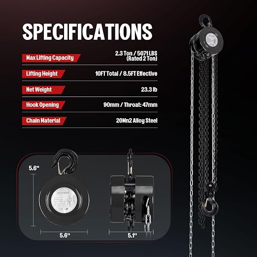 SPECSTAR Hand Chain Hoist 2 Ton 4400 Lbs Capacity 10 Feet with 2 Hooks | Heavy Duty Manual Chain Fall for Warehouse Building Automotive Machinery Black