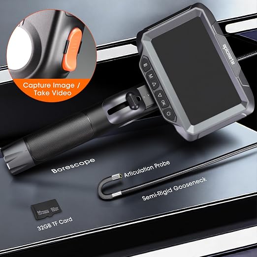 Epicmate 210°Two-Way Articulating Borescope with Light- 5" Inspection Endoscope Camera with Light, Flexible Industrial Boerscope 0.24in Probe Snake Camera for Wall Automotive, HVAC & Mechanics