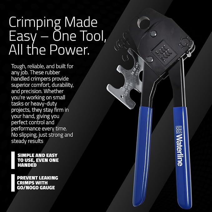 WaterLine Heavy Duty PEX Crimp Ring Tool for Plumbers | Professional-Grade Plumbing Crimper for ¾” Copper PEX Rings | Low Profile, One-Handed Design | Includes GO/NO GO Gauge for Precision Crimping
