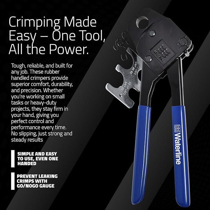 WaterLine Heavy Duty PEX Crimp Ring Tool for Plumbers | Professional-Grade Plumbing Crimper for ½” Copper PEX Rings | Low Profile, One-Handed Design | Includes GO/NO GO Gauge for Precision Crimping