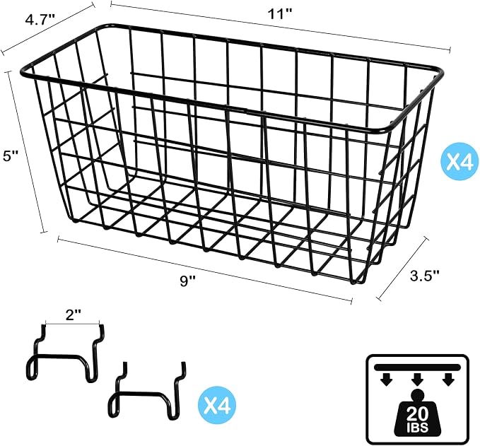 1/4-inch Pegboard Accessories Organizer Kit Total 24 Pieces Set, 20 Pack Heavy Duty Pegboard Hooks and 4 Pack Peg Baskets, Pegboard Hooks Assortment for Garage Craft Workshop Workbench Hobby Office
