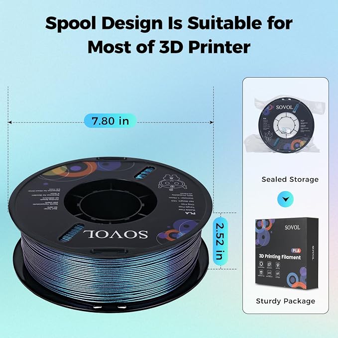 Sovol PLA Filament 10KG, Silk Tri Color & Dual Color Co-Extrusion PLA, Shiny Multicolored Fast Change Rainbow 3D Printer Filament, Matte & Glitter & Glow in The Dark PLA 1.75mm 1kg/ 2.2lbs +/-0.03mm