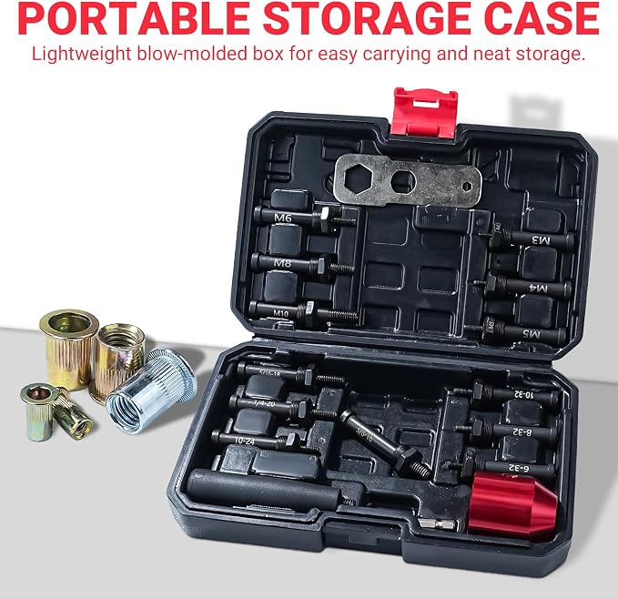 Drill Adapter Tool Kit, Cordless Rivnut Tool Gun with 13 Mandrels & 290 Rivet Nuts, Compatible with Cordless Drill & Ratchet Wrench, Metric & SAE Sizes Rugged Storage Case Included