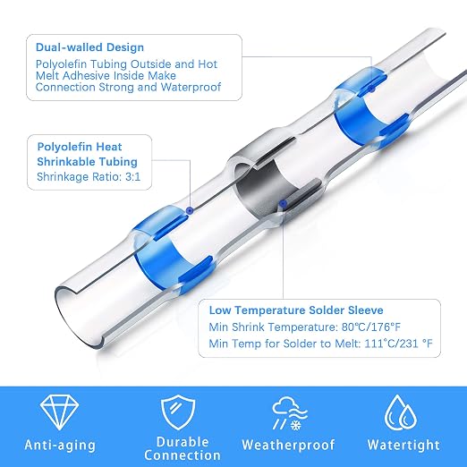 Kuject 300PCS Blue Heat Shrink Butt Connector, Waterproof Self Solder Sleeve Electrical Butt Splice for Automotive Marine Boat Trailer Truck 16-14 Awg