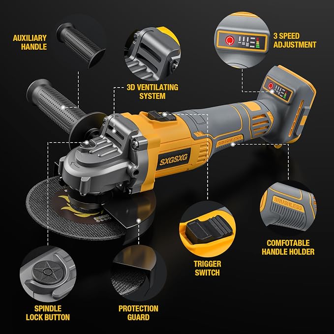 Cordless Angle Grinder for Dewalt 20v Max Battery, Brushless Cordless Grinder Tool 4 1/2", Variable Speed, Electric Power 20v Angle Grinder Tool for Grinding Cutting Polishing (Battery Not Included)