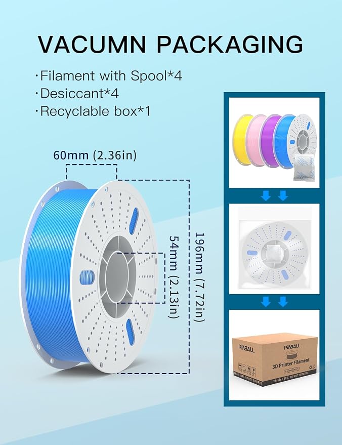 PINBALL PETG 3D Printer Filament 1.75mm High Precision Durable Strong Filament Mith Better Flow Dimensional Accuracy +/- 0.02mm Suitable for Most FDM 3D Printers 4 Kilograms Yellow, Blue,Pink, Purple