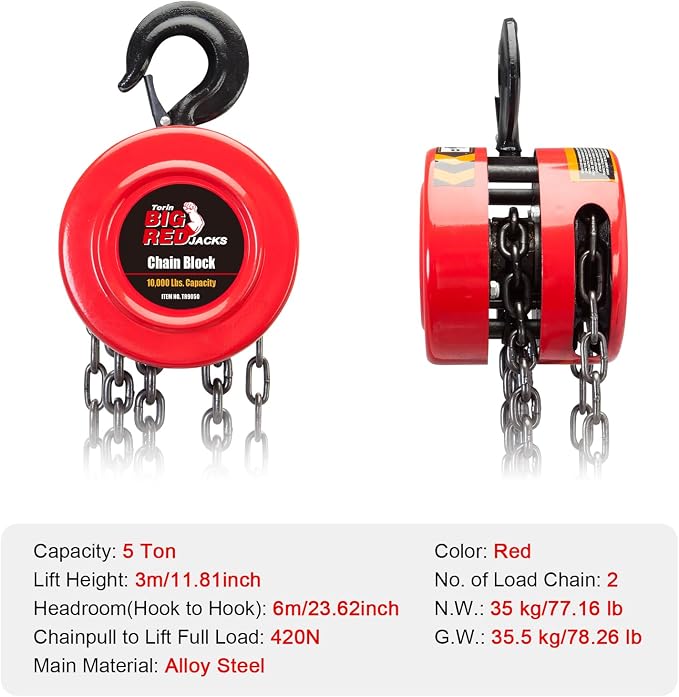 Big RED Manual Hand Lift Steel Chain Block Hoist with 2 Hooks, 5 Ton (10,000 lb) Capacity, Red