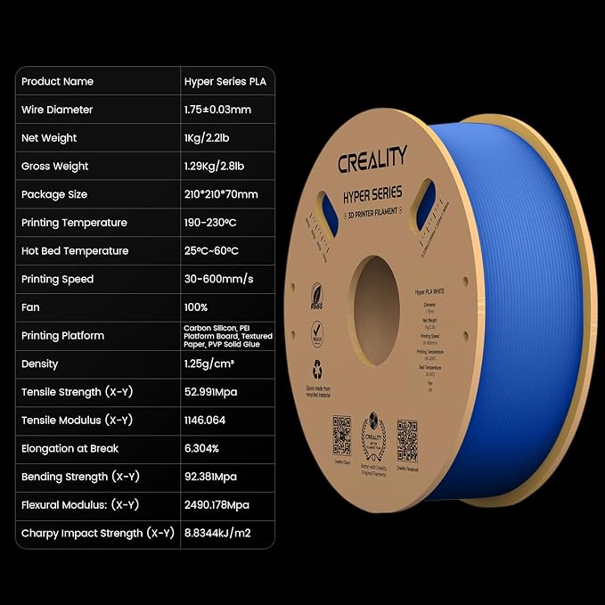 Creality Hyper 3D Printer PLA Blue Filament High Speed Printing 1.75mm 2.2lbs Spool ±0.03mm Dimensional Accuracy Flow Durable Resistant Smooth for Ender 3 v3 Plus KE K1 Max K1C 3D Printers