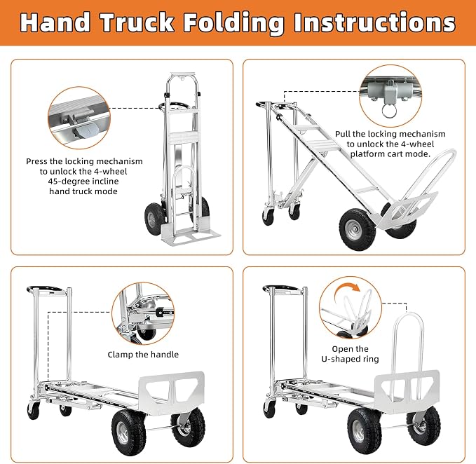 Aluminum 4 in 1 Convertible Hand Truck Dolly, 1000Lbs Capacity, Heavy Duty Folding Hand Truck Dolly Cart with Wheels 10" All-Terrain Tires, Hand Trucks for Logistics, Home, Office, School, Silver