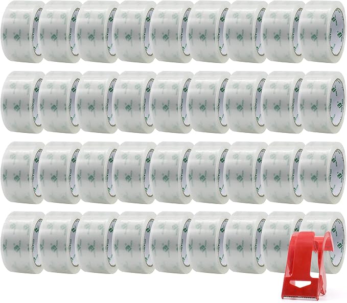 BOMEI PACK 36 Rolls No Noise Silent Clear Packing Tape with Free Dispenser, 2.4mil x1.88 x 55 Yard, Quiet Packing Tape, Heavy Duty Packaging Tape for Moving, Shipping, Office and Storage