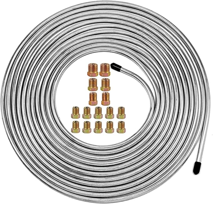 SHOOSHINE 3/16 Inch Brake Line Flaring Tools kit Include 25Ft/7.62m Copper-Plated Brake Pipe with 3/16 Brake Line Fittings (25Ft Brake Line+28Fittings)