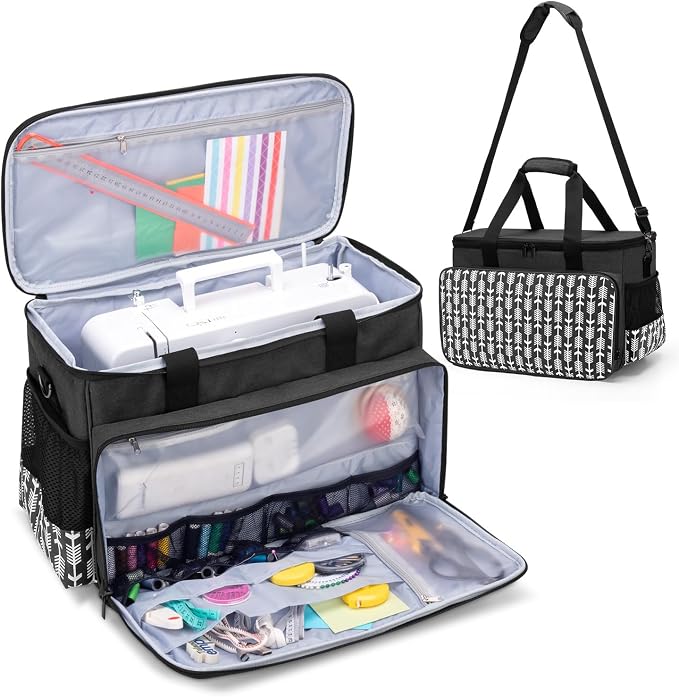 Yarwo Sewing Machine Carrying Case with Thicken Bottom Board, Universal Sewing Machine Tote Compatible with Most Standard Sewing Machine and Accessories, Black with Arrow