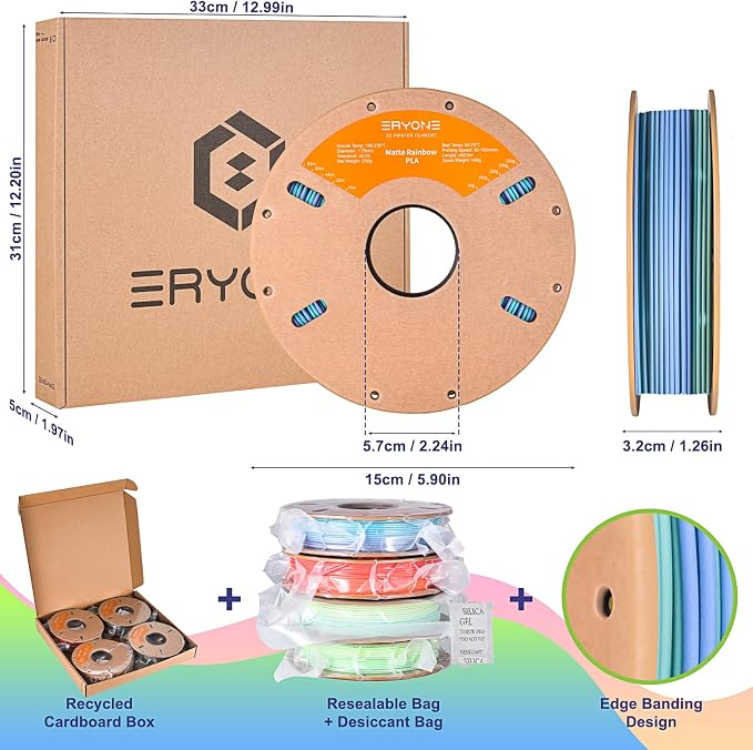 ERYONE PLA Filament 3D Printer Filament Bundle Multicolor 1.75mm +/- 0.03mm, PLA Filament 250g Spool, 4 Rolls, Matte Rainbow