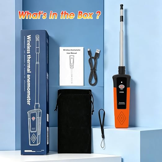 Hotwire Anemometer Handheld for Air Celocity, in-Duct Airflow and Temperature, HVAC Wind Speed Meter with Revolve Telescopic Probe, Bluetooth App, Digital Air Flow Meter CFM Meter GR-9100A