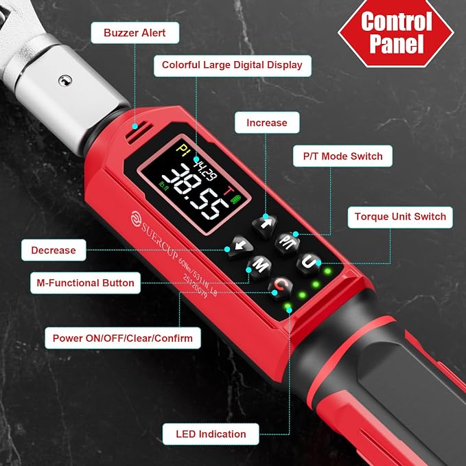 SUERCUP 9x12 mm Adjustable Digital Torque Wrench, 0.66-44.29Ft.Lb/0.9-60N.m | Interchangeable Open End Head 42mm Jaw & 3/8" Ratchet, Vibration/Buzzer/LED Alert, for Split AC, HVAC, Bike & Moto Repair