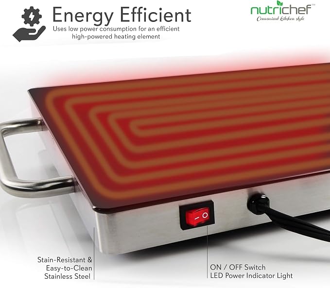 NutriChef Electric Hot Plate Tray Dish Warmer with Black Glass Top | Ideal for Home, Buffets, Parties, Kitchens & Restaurants | Warming Tray for Food | Tortilla Warmer - Dimensions: 16.5 x 11