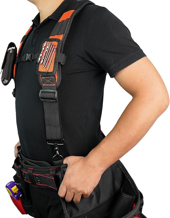 MELOTOUGH 1 PACK Tool Belt with D ring and Strong Durable Double Metal Roller Buckle,Adjustable waist + 1 PACK Magnetic Suspenders Tool Belt Suspenders with Large Moveable Phone Holder