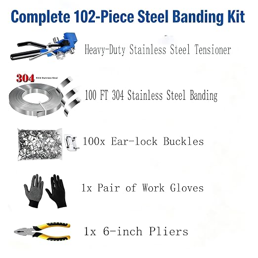 Steel Banding Strapping Kit, 3/4" x 100 Ft S304 Stainless Steel Coil with Manual Ratchet Tensioner & Cutter, 100pcs Ear-Lock Buckles, Heavy Duty Metal Strapping Tool for Pallets, Pipes & Bundling