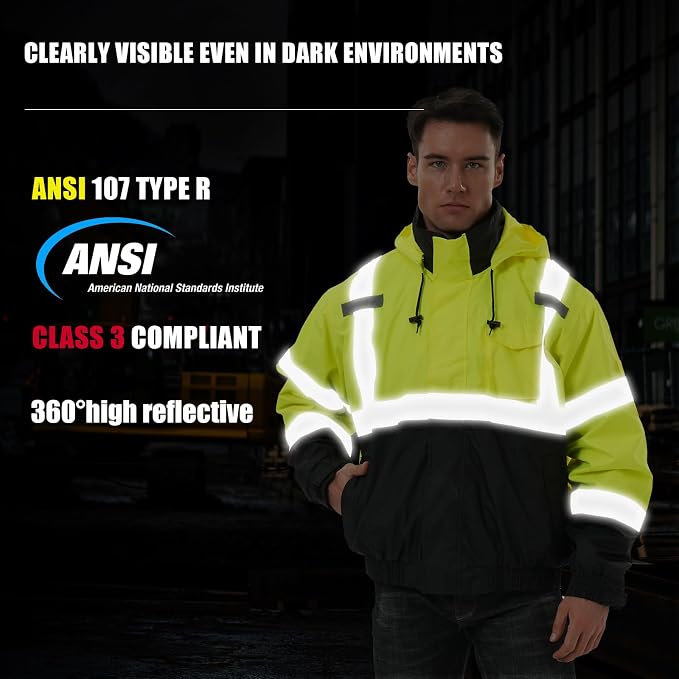 SKSAFETY 3-in-1 High Visibility Winter Bomber Jackets Zip Out Fleece Liner Reflective Safety Coats for men Waterproof ANSI/ISEA Class 3(Lime 4XL)