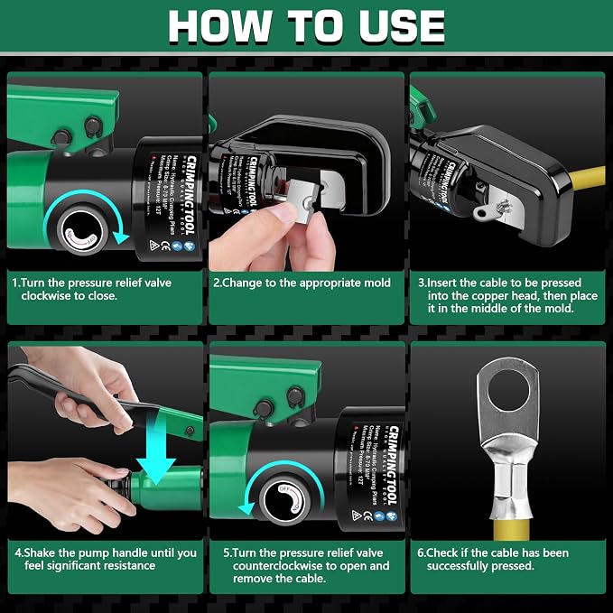 Hydraulic Crimping Tool Set with Cable Cutter, 10 Tons Battery Cable Crimper Tool with 12 AWG to 00 (2/0), Terminal Cable Wire Tool Kit with 9 Die (12awg~00awg Crimping Tool), Green