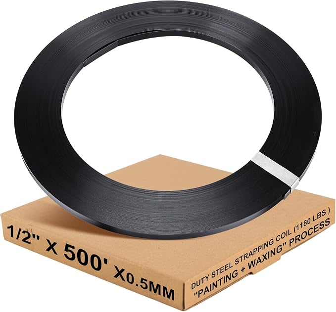 LEIFIDE 1/2" x 0.02" x 500' Steel Strapping Coil 1100 Lbs Break Strength Painted & Waxed Heavy-Duty Metal Banding Cut-Resistance Self-Dispensing Box for Pallet Brick Pipe Lumber Heavyweight Bundling
