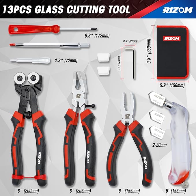 Rizom Glass Cutting Tool, Glass Cutter 2-20MM, 8" Tile Nippers, 8" Glass Running Pliers with Curved Jaws, 6" Breaker Grozer Pliers, Glass Cutter Kit for Stained Glass, Tiles, Mosaic Cutting