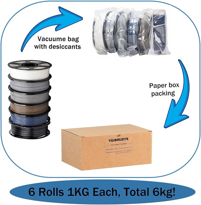PLA Pro Filament Bundle 6KG, 3D Printer PLA+ Filament Kit, Dimensional Accuracy +/- 0.02mm, Individually Vacuum Packed, 3D Printing Filament Set, 6 Spools 1KG Each