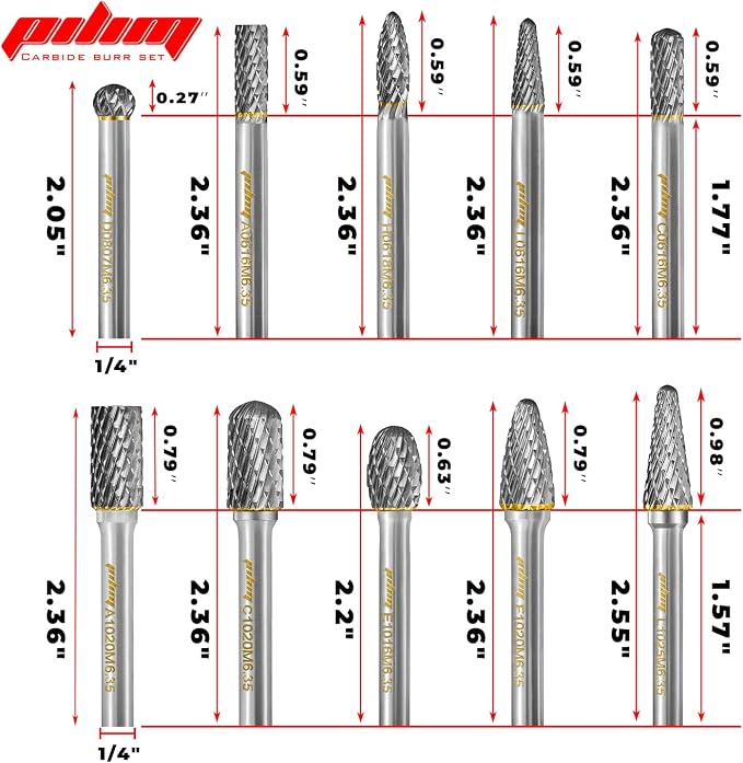 Tungsten Carbide Burr Set 1/4" Shank 10PC Double Cut Rotary Cutting Burrs Die Grinder Bits for Steel and Wood Working, Grinding, Carving, and Engraving