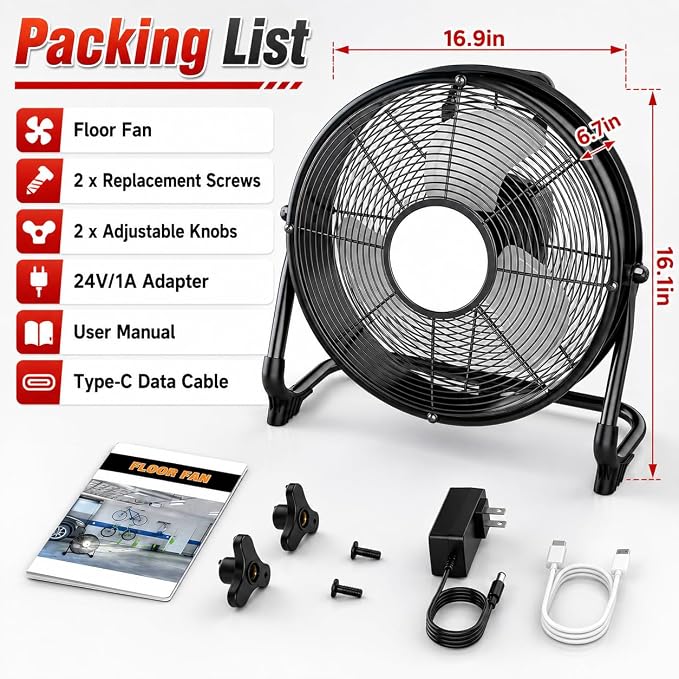 12" Battery Operated Floor Fan with Light Compatible with Milwaukee M18 18V Battery, Portable Fan with AC Adapter and USB Output, Metal High Velocity, Stepless Speed Cordless Fan for Jobsite Camping