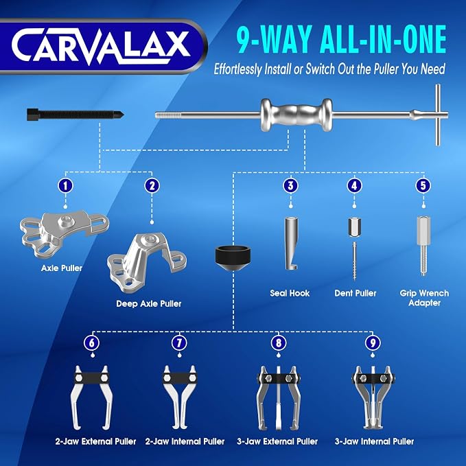 CARVALAX 9-Way Slide Hammer Puller Set | Auto Repair Kit for Hub, Bearing, Gear & Axle Extractor, Dent Removal, Heavy Duty 20-Piece w/Case