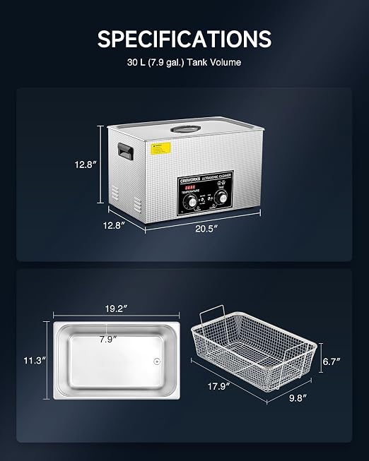 CREWORKS 30L Ultrasonic Cleaner with Heater and Timer, 600W Stainless Steel Ultrasonic Cleaner Machine with Degas & Gentle Modes, Ultrasonic Parts Cleaner with Knob Control for Machine Part Auto Tool