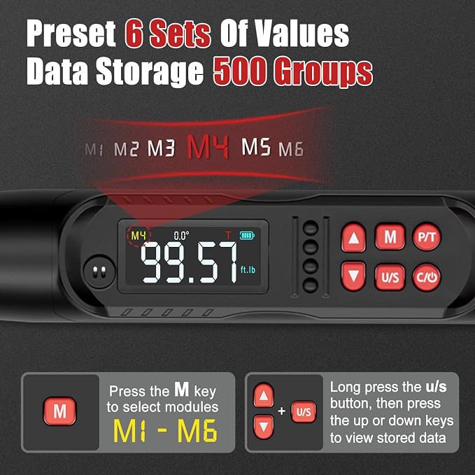 VANPO 3/8 Drive Digital Angle Torque Wrench 5-99.6 Ft.lb, ±2% Accuracy | 6.8-135 Nm Electronic Torque Wrench, Buzzer LED Vibration Alarm, Perfect Tools for Car, Motorcycle & Engine Repair
