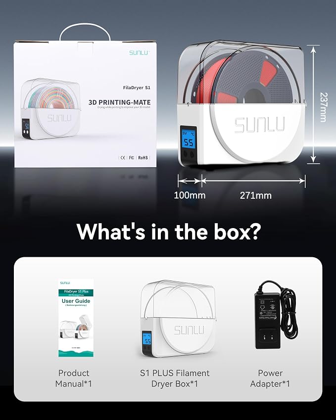 SUNLU S1 Plus Filament Dryer, White | Built-in Circulation Fan,Humidity Monitoring,Filament Dryer Box,for 3D Printer Filament 1.75 2.85 3.00mm