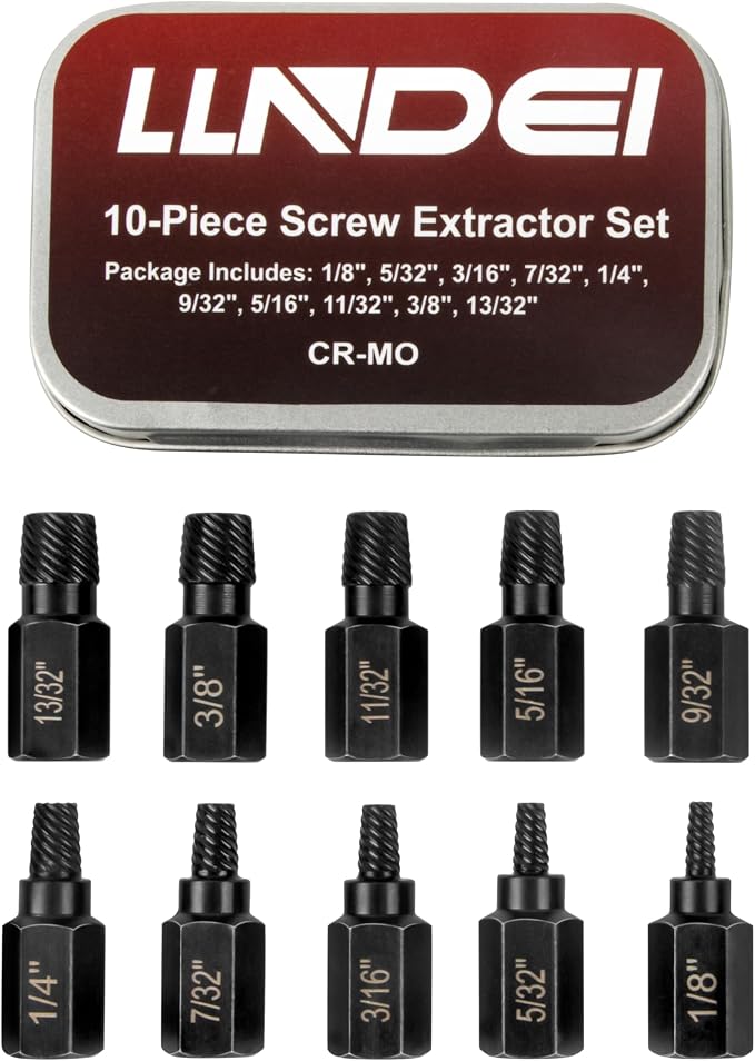 LLNDEI Screw Extractor Set, Hex Head Easy Out Set 10 Pieces, Multi-Spline Ez Out Stripped Extractor (1/8”-13/32”) CR-MO, Stripped Fastener Tool