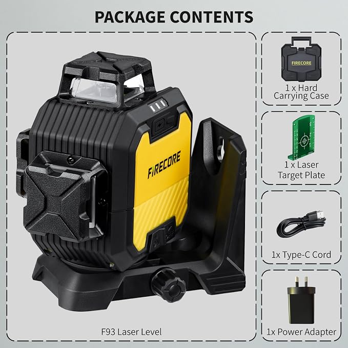 Firecore Laser Level 360 Self Leveling, 1/13" High Accuracy, Rechargeable Green Cross Line Laser for Construction and Picture Hanging, Outdoor Pulse Mode Up To 197ft, Hard Case Included