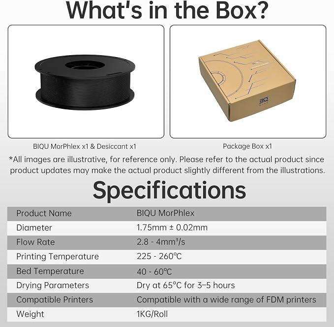 BIQU MorPhlex Flexible Filament 1.75mm, Turn 90A Into Ultra-Soft 75A with High Flexibility, 1Kg (2.2lbs) Spool - Dimensional Accuracy ±0.02 mm, Beginner-Friendly (Black)