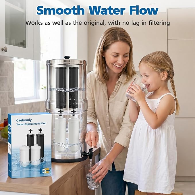 Water Filter Replacement Compatible with Ber-key ยฎ B B 9-2 Gravity Water Filter System, Coconut Shell Activated Carbon for 250+ Contaminants, 4 Black Carbon Filters + 2 White Fluoride Filters