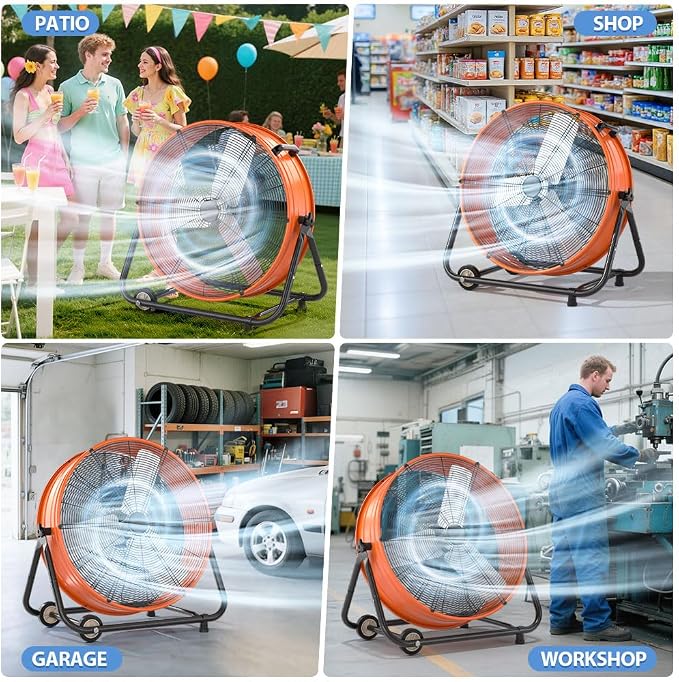 LifePlus 30'' Large Industrial Fan,14000 CFM High Velocity 3-Speed Heavy Duty Metal Air Circulator with 360° Tilt, Casters Handle, Ideal for Warehouse, Factory Workshops, Patios, Garage, Orange