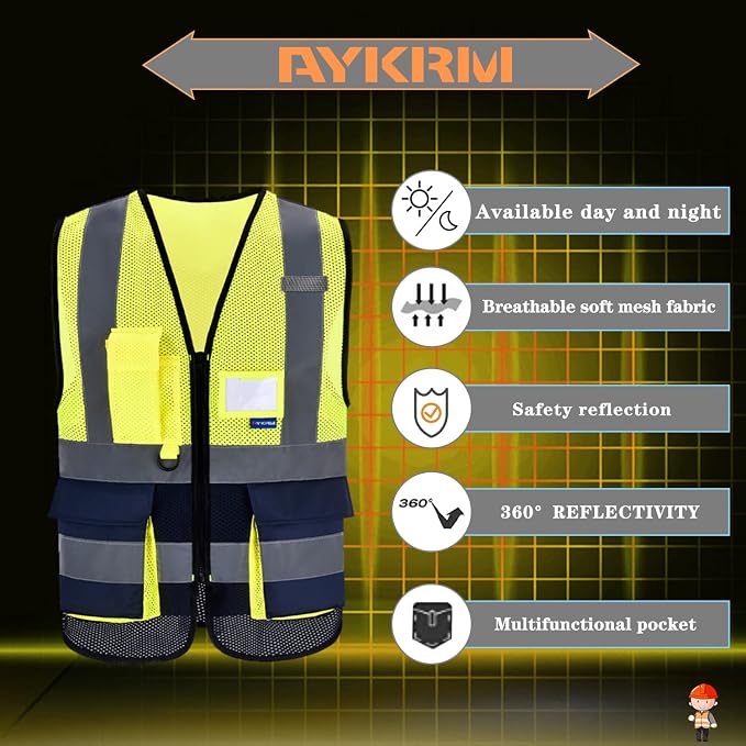 A-SAFETY Hi-Vis Mesh Vest, Breathable, Black Front Zipper, Yellow/Navy, XS | Yellow/Navy XS mesh vest with clear PVC ID holder, mic tabs and high-visibility reflective strips for site supervision.